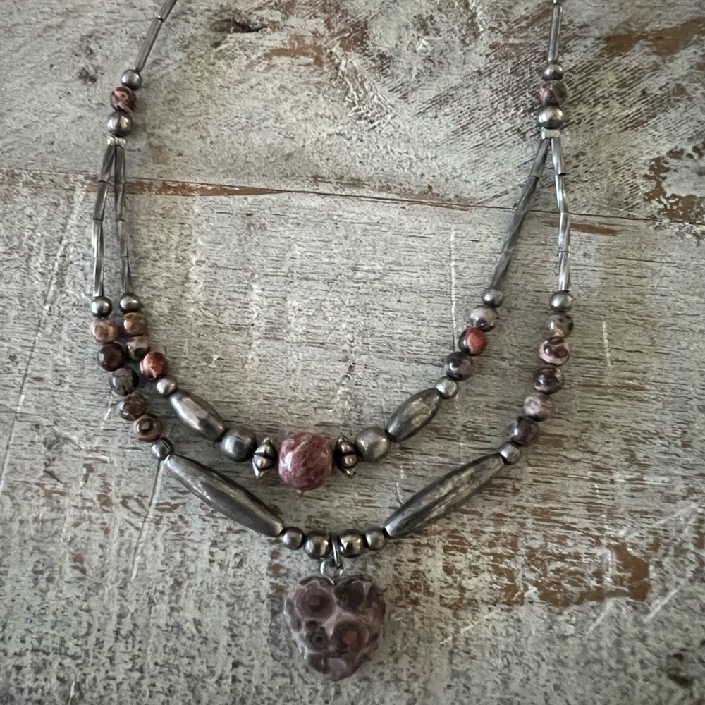 Vintage Firework Obsidian Pendant
Necklace, Double Drape with Stone, Heart